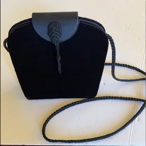 Small lady’s evening shoulder bag. Black velvety, magnetic clasp & corded strap